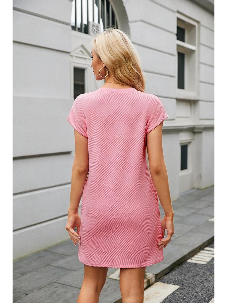 2024 Jacquard Pattern Crew Neck Pocket Short Sleeve Loose Women’s Dress