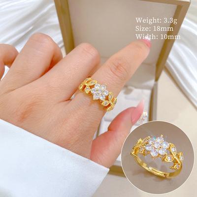 Anello in Oro Vero Luce Lusso Fiore Pieno Diamante Apertura Regolabile Gioielli Semplici Anello Giapponese Anello per Coppia