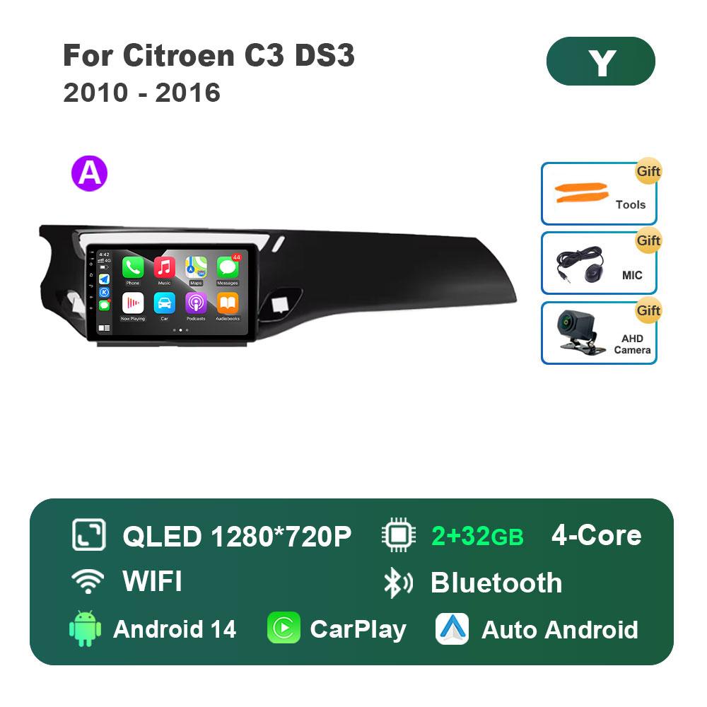 Car Video Multimedia Player DSP Stereo for Citroen C3 DS3 2010 - 2016 Android 14 System GPS Navi WiFi IPS Screen 4G Bluetooth