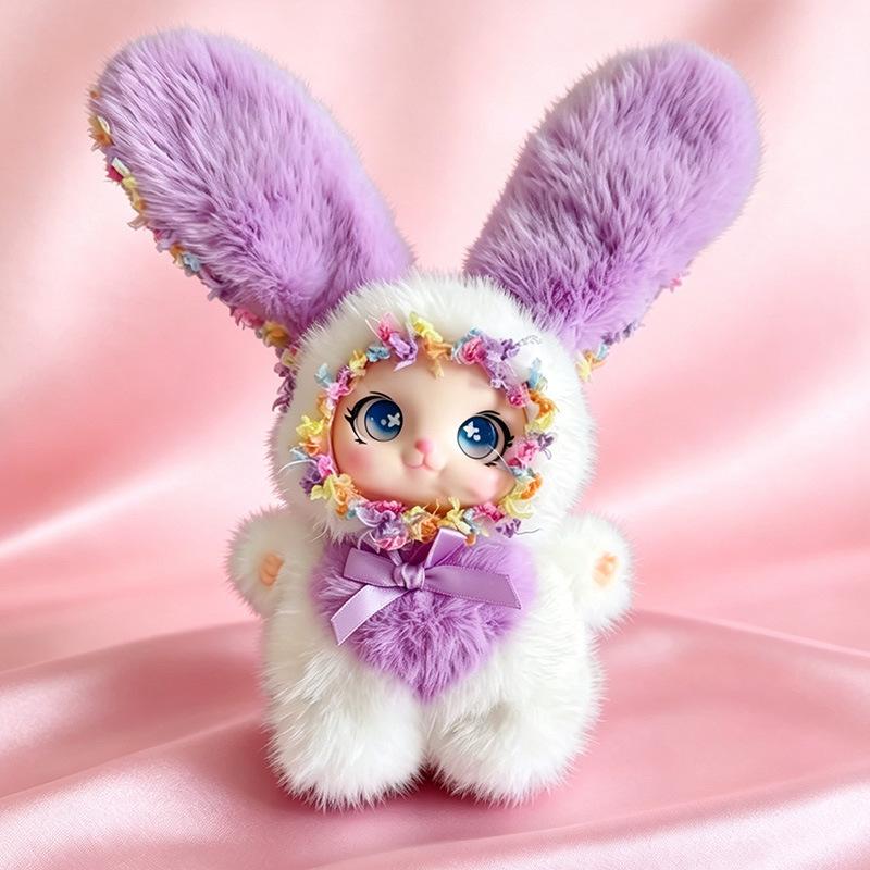 Super Soft Cute Big Ear Rabbit Plush Doll, Lace Trim Vinyl Face Bunny Pendant, Kawaii Plush Keychain Gift for Girls