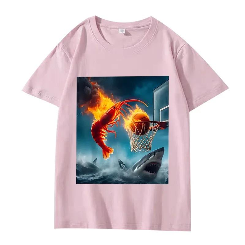 

Shrimp Dunking on Shark Graphic Print Tee Retro Fishing TShirt Short Sleeve Casual Cotton Tops Clothes Oversized Streetwear 3XL