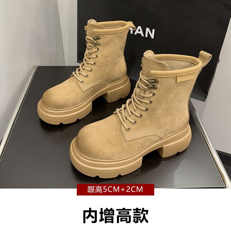 Leather Martin boots women's autumn cow suede retro women's short boots western big head medium boots increase height