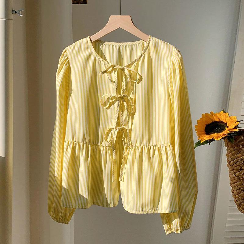spring sexy bow strap hollow out Women Blouse Shirt Autumn yellow stripe O-Neck Long Sleeve cardigan Casual loose Shirts female