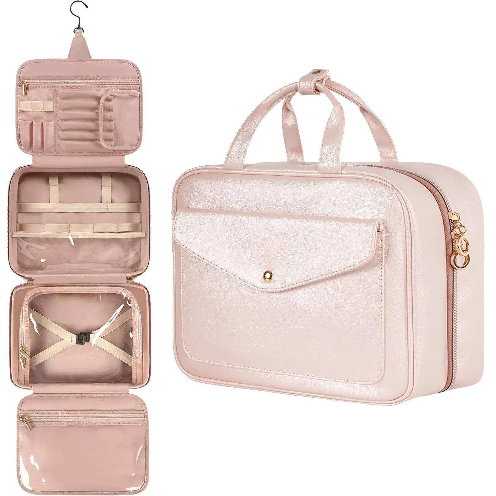 

New PU Leather Makeup Bag Large Capacity Travel Tote Waterproof Cosmetic Bag Toiletries Storage Bags Ladies Beauty Bag Organizer рожевий