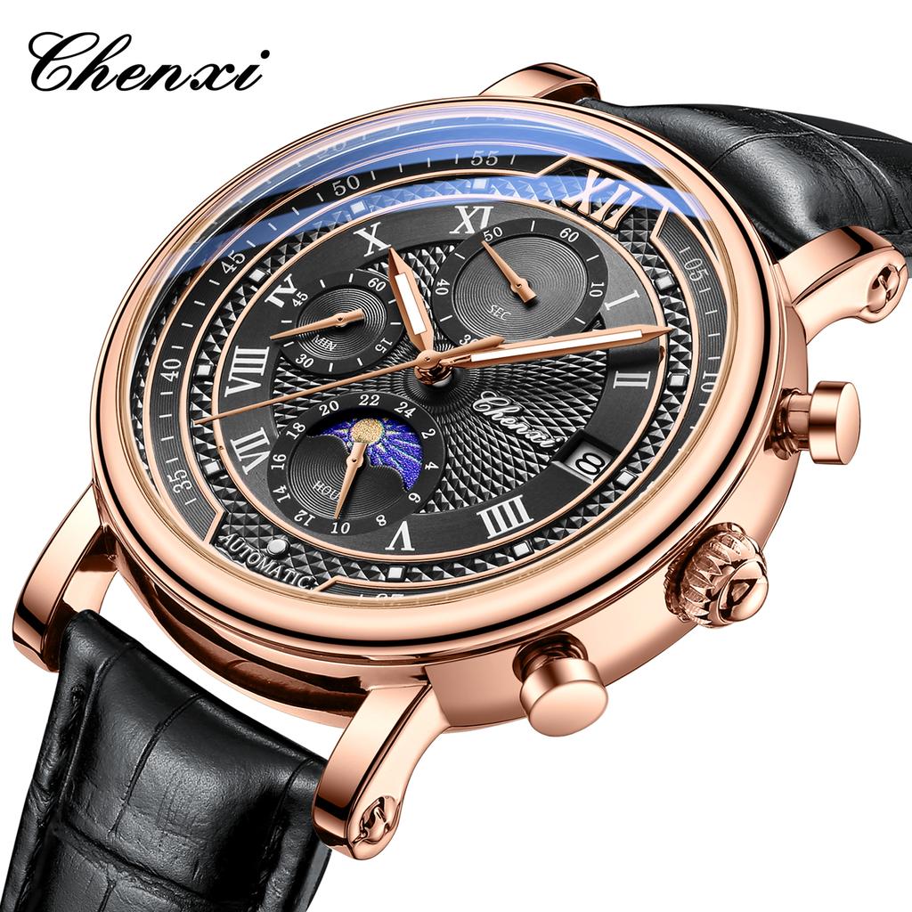 CHENXI 976 Men Quartz Watch luxury Brand Moon Phase Date Multifunctional Chronograph Leather Strap Wristwatch Business Gift