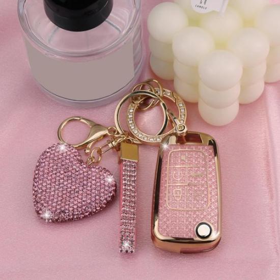 Cover with Diamond Keychain for Women, Car Key Holder Compatible-Pink-heart