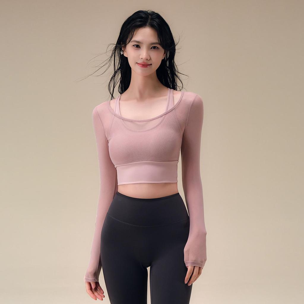 Plus Size Women's Breathable Mesh Long Sleeve Yoga Top with Chest Pad - Slimming Autumn Fitness Wear