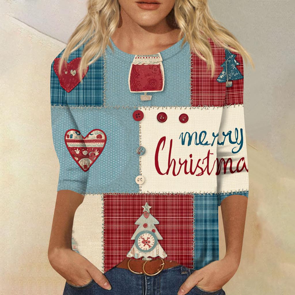 Women's Fashion Casual Round Neck Three-quarter Sleeve Christmas Print T-shirt Top