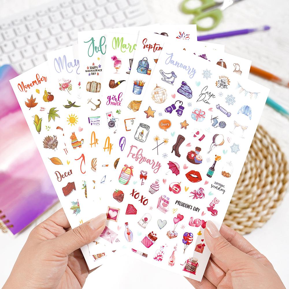6 sheets Plan Stickers Cartoon Month Festival Decoration Scrapbook Booklet Material DIY Creative Booklet Stickers