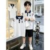 Korean Style Boys' Cotton Lapel Short-Sleeve T-shirt Set - Summer Casual Patchwork Polo