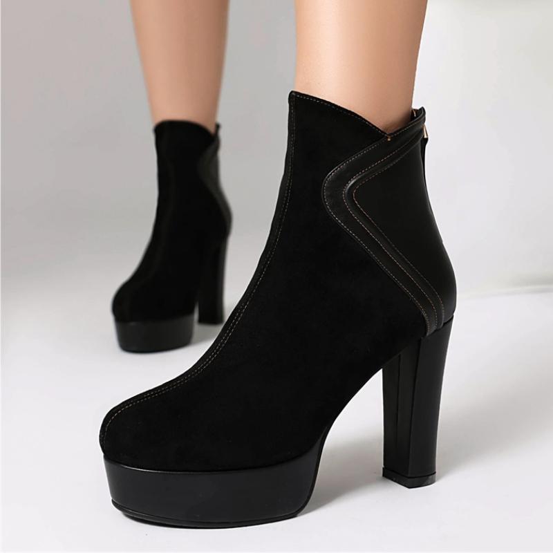 Černé kotníkové boty pro ženy Platforma Zimní boty Semišové krátké boty Vysoké podpatky Společenské taneční boty Dámská značka Velká velikost Obuv