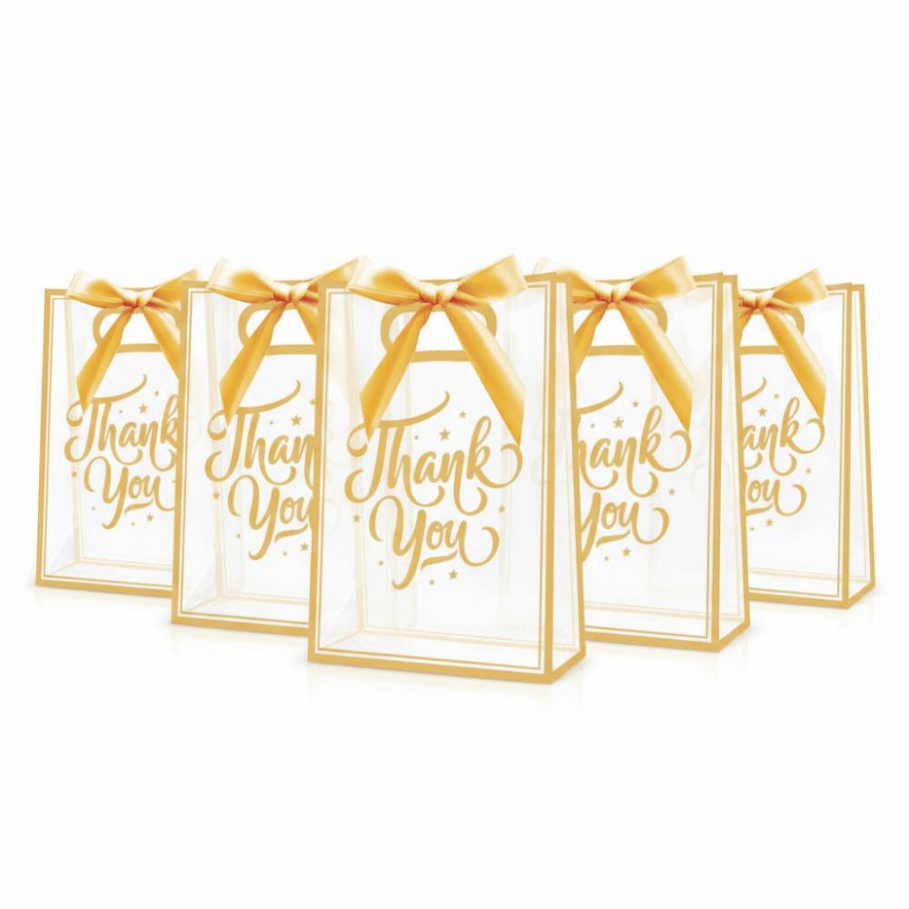 5Pcs Set Reusable Portable Favor Bag PVC Clear Gift Bag Die Cut Handles with Ribbon Flower Bag