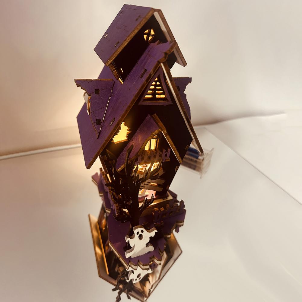 3d Haunted House Model Halloween Wooden Puzzle Diy Haunted House Wooden Puzzle Kit with Light-up Ghosts for Halloween Party