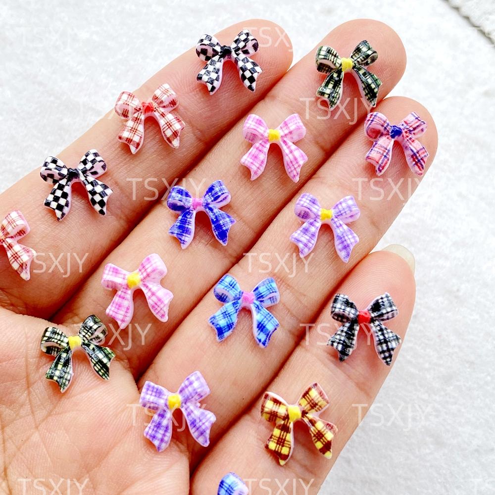 

50Pcs Cute Mini Colorful Grid Bow Nail Art Resin Designer Charms DIY Craft For Nail 3D Decorations Jewelry