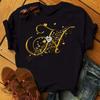 Custom Name Letter Combination Fashion Women T-shirt Diamond Gold Letter Font  Short Sleeve Tops Black T-shirt