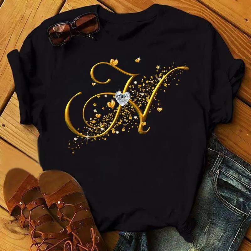 Custom Name Letter Combination Fashion Women T-shirt Diamond Gold Letter Font Short Sleeve Tops Black T-shirt