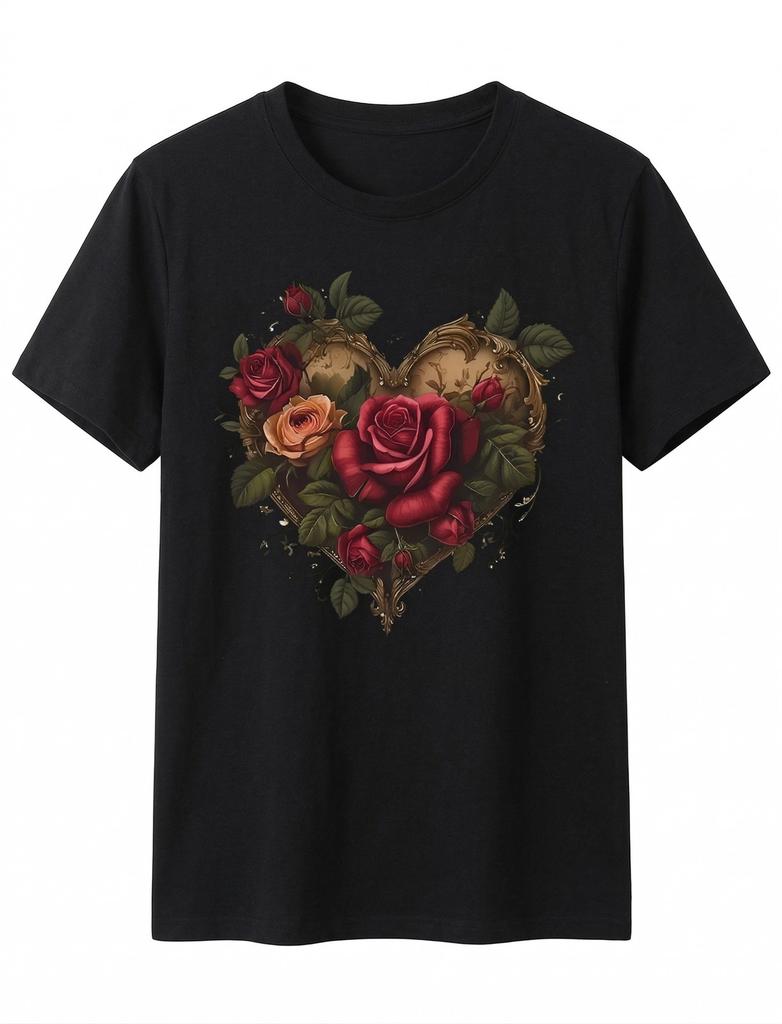 Women Vintage Floral Heart Graphic T-Shirt Rose Flower Casual Crew Neck Tee Top