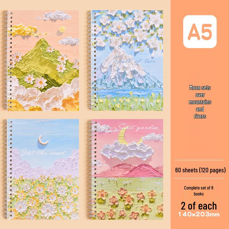 Cartoon Oil Painting A5 Side-Bound Lined Notebook - Cute, Thick, Student-Friendly