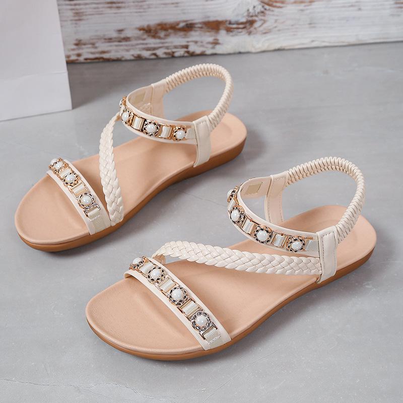 2025 summer new bohemian woven belt flat sandals elastic band large size beach sandals women