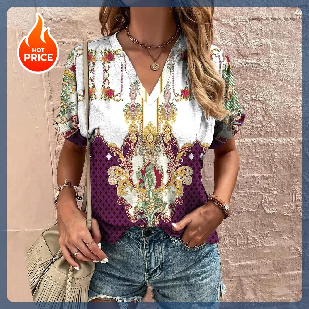 Vintage V-Neck Women's T-Shirt Summer Short Sleeve Tee Casual Harajuku Stripe Print T Shirt for Women Streetwear Pullover Tops