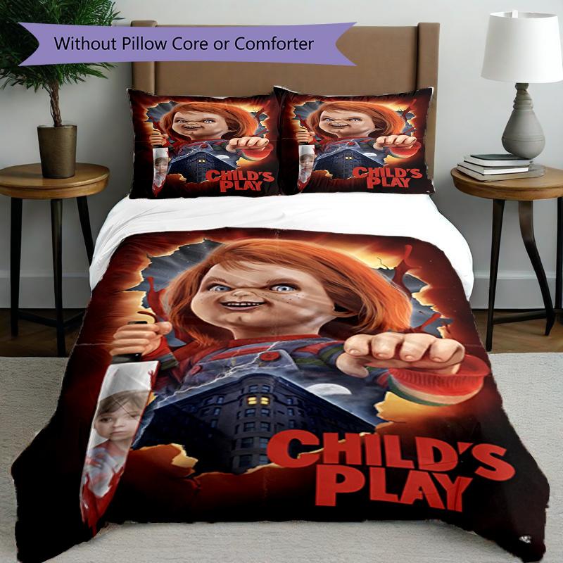3pcs Duvet Cover Set (1*Duvet Cover + 2*Pillowcase, Without Core), Bride of Chucky Print Bedding Set, Bedroom Decor, All‑Season, Birthday Gift