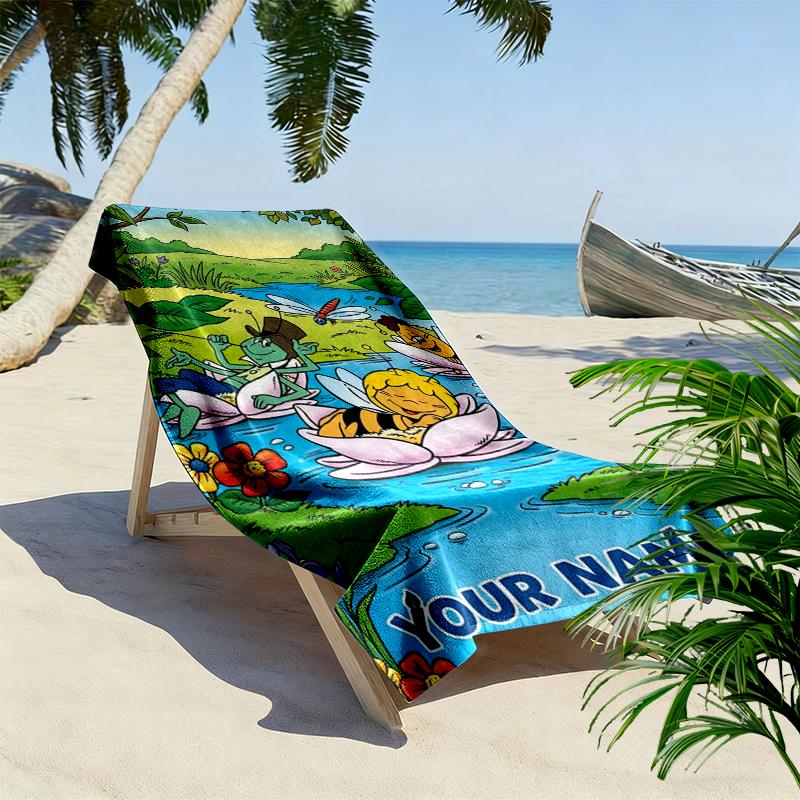 Custom Name Maya the Bee Print Beach Towel, Large Soft Quick Dry Towel for Beach Camping Swimming