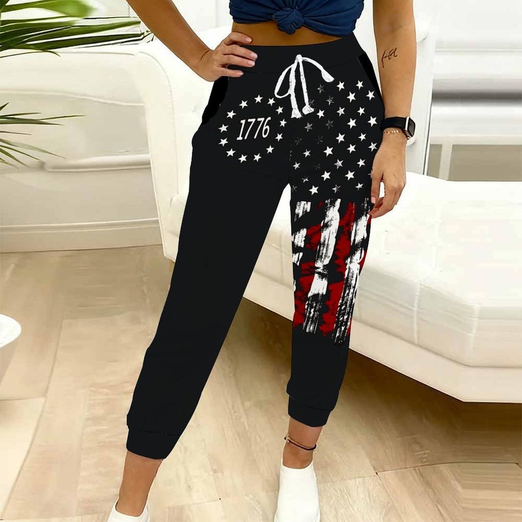 Summer Ladies  United States Printed Sweatpants Loose Fit Drawstring Joggers Elastic Cuff Daily Casual Pants