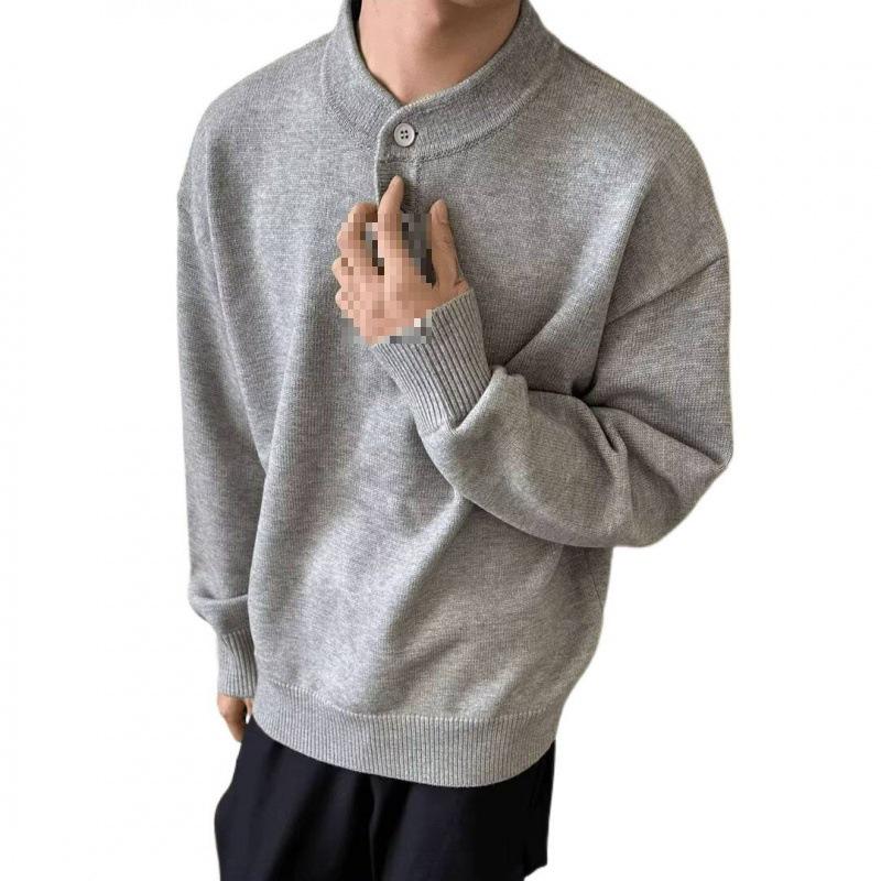 Grauer Henley-Kragen Pullover für Herren: Hochwertige Strickwaren für Frühling/Herbst, Lässiger Schnitt, Saubere Oberbekleidung.