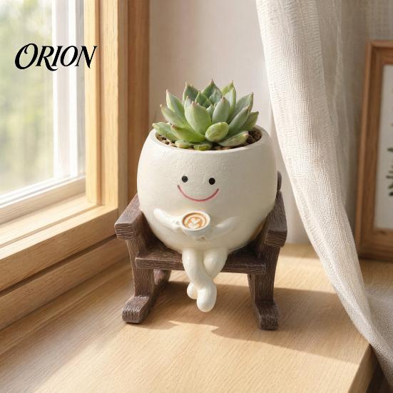 Decorative Garden Planter Smile Face Rocking Chair Pot for Indoor Outdoor Plants, Sit Modern Resin Succulents Flower Pots, Cute Head Planters