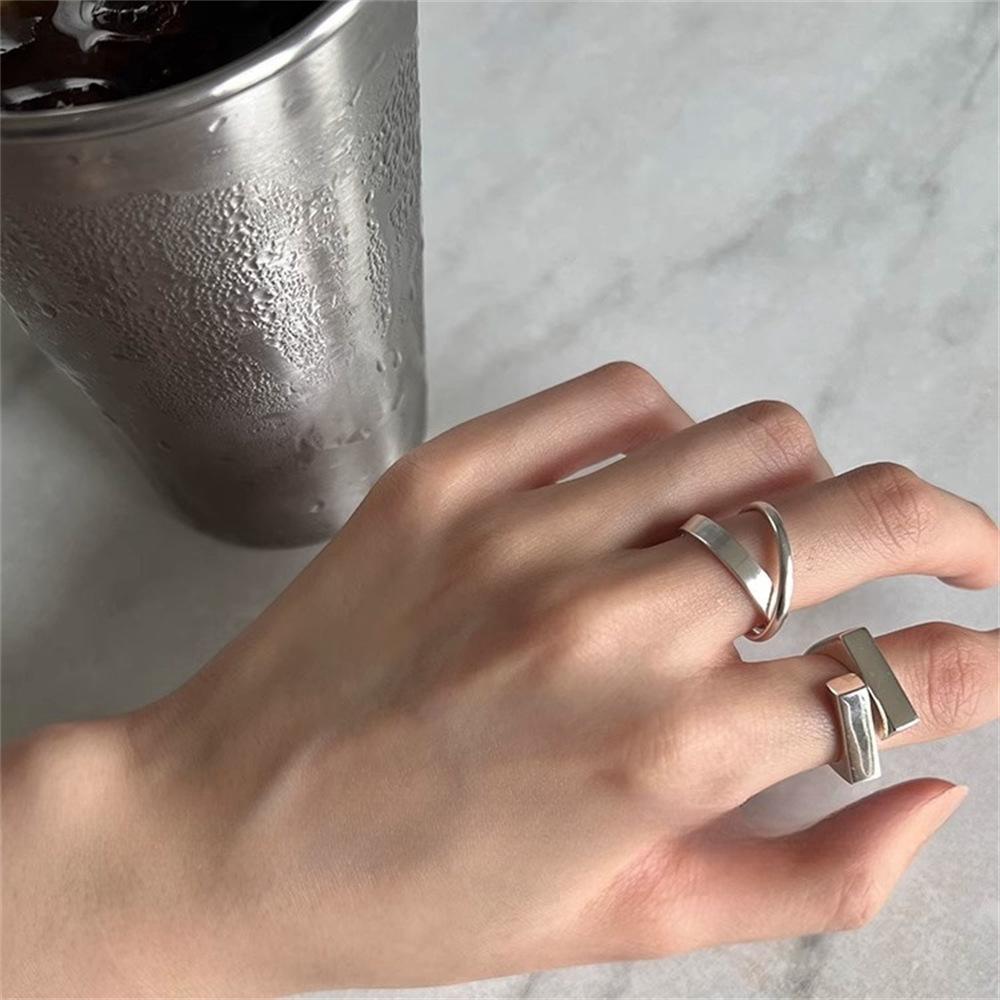Sterling silver staggered square ring, simple open ring in personality, cold wind index finger ring