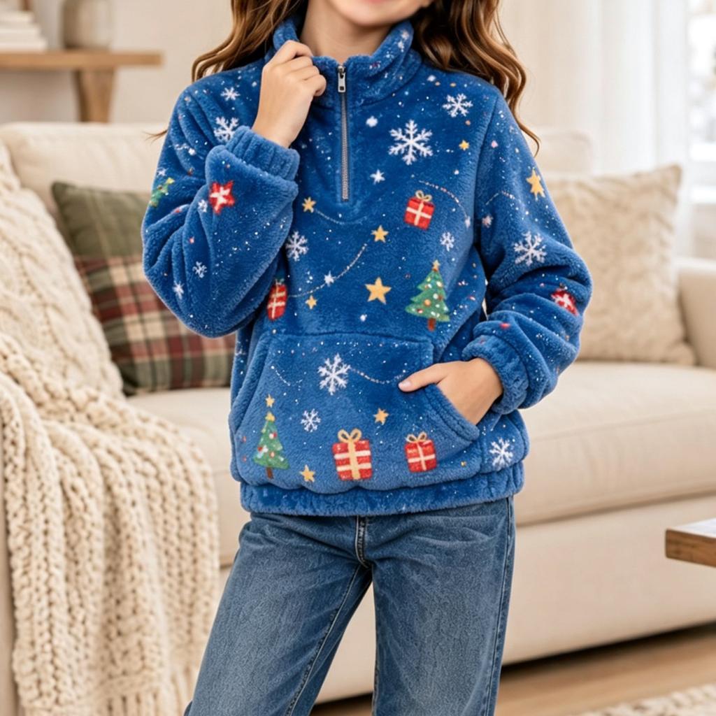 Boys Girls Christmas Sweatshirt, Pattern Long Sleeve Stand Collar Pullover for Fall Winter, Casual Comfortable Top