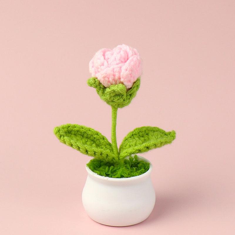 Finished Wool Crochet Rose Flower Potted Home Room Decoration Cute Handmade Knitting Potted Desktop Ornament Christmas Gifts
