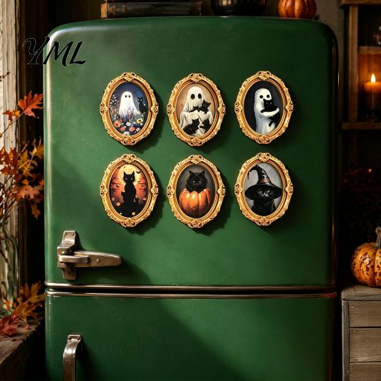 Refrigerator Magnet Set 1/6Pcs Halloween Retro Frame Magnet, Wooden Fridge Kitchen Appliance Accessories Decoration, Memo Note Holder for Holiday