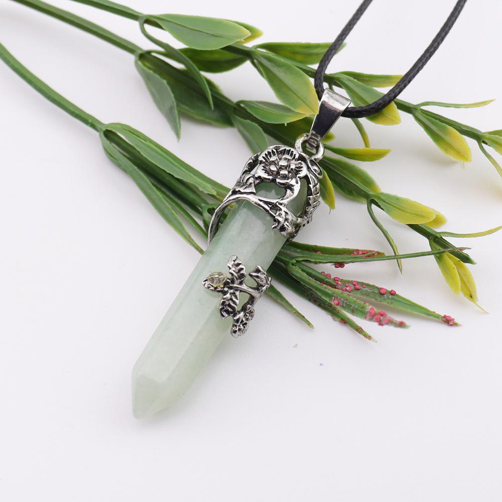 Rose Plum Blossom Natural Stone Crystal Hexagonal Prism Pendant Necklace