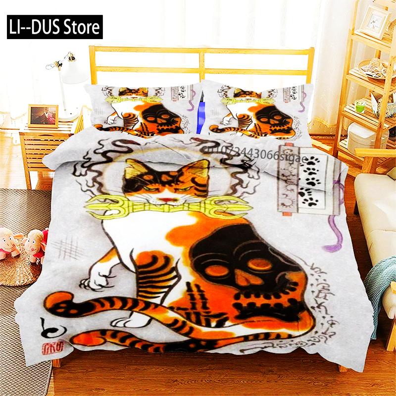Phechion Samuray Kedi Dövmesi 3D Baskı Yatak Takımı Yorgan Kılıfları Yastık Kılıfları Tek Parça Yorgan Yatak Takımları Yatak Örtüsü Yatak K580