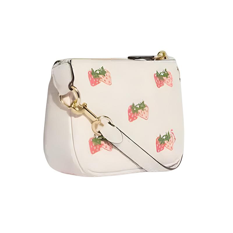 Coach Nolita 15 Strawberry Print Zipper Closure Strapless Pebbled Cowhide Mahjong Bag Underarm Bag Clutch Tote Mini Women’s White