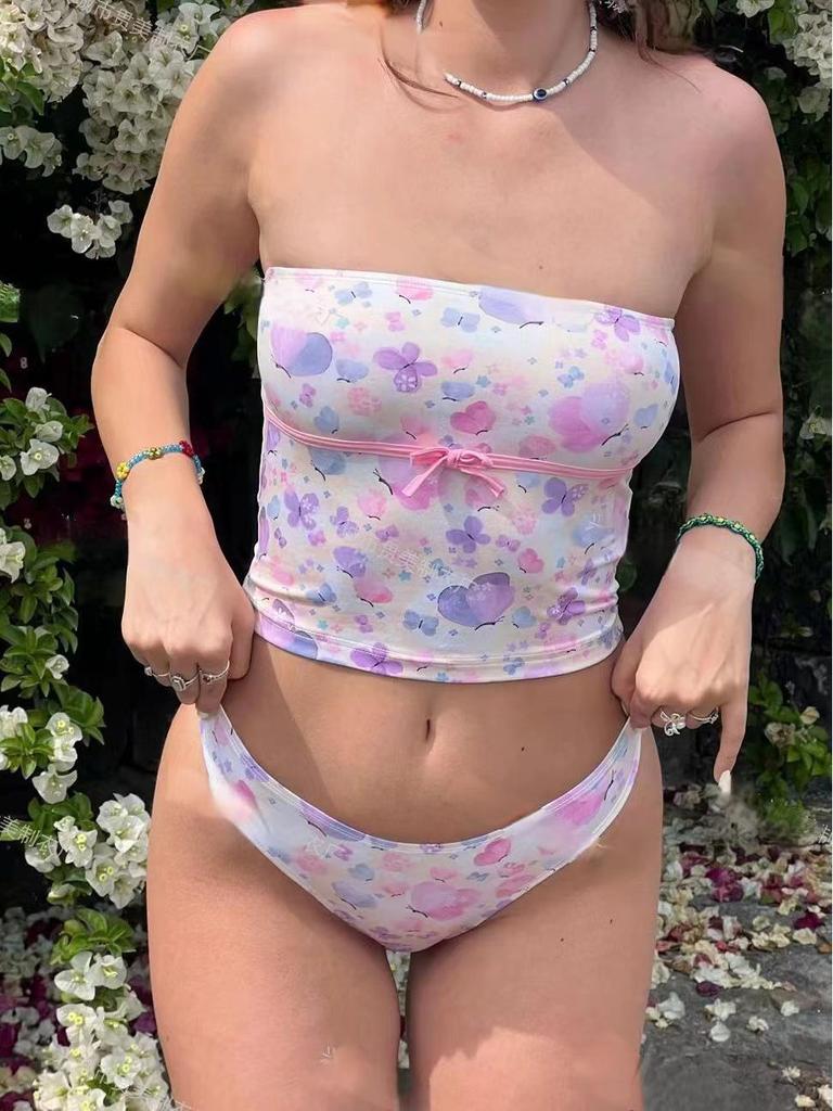 Korean Floral Tube Top Bikini for Women - Slimming & Whitening, Perfect for Beach and Hot Springs