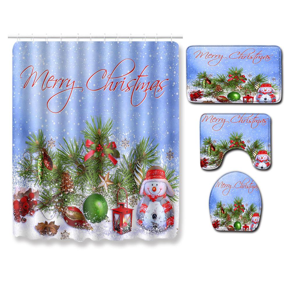 Christmas Shower Curtain Floor Mat Combination Four-Piece Set Bathroom Toilet Carpet Shower Room Mat Foot Mat