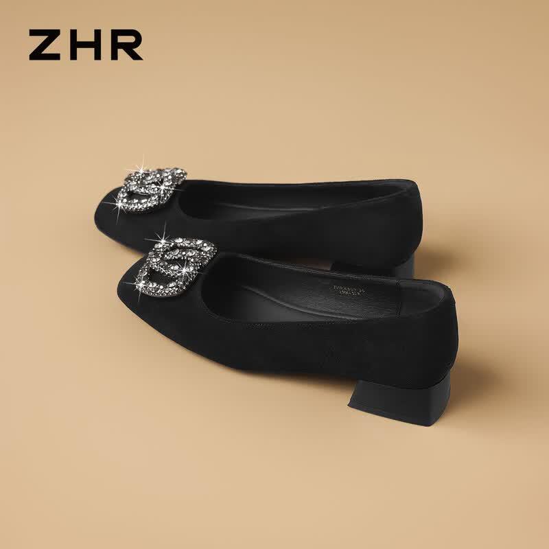 ZHR Women's Rhinestone Buckle Low-Cut Chunky Heel Slip-On Pumps K509
