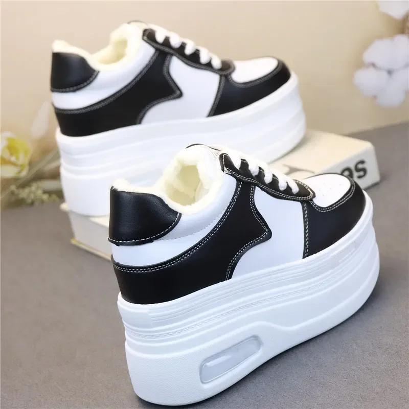 Fashion 12CM Chunky Sneakers for Women Fashion Fur Lined PU Leather Winter Shoes Casual Warm Walking Sport Tennis Ankle Botas