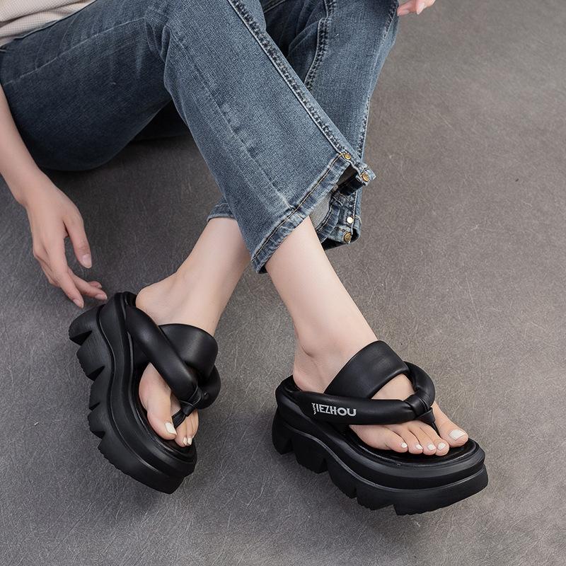 Fashion GKTINOO Thick Soled Sheepskin Flip Flops Leather Fashion Sandals Slippers Mary Jane Platform Women Summer Flats Loafer Shoes