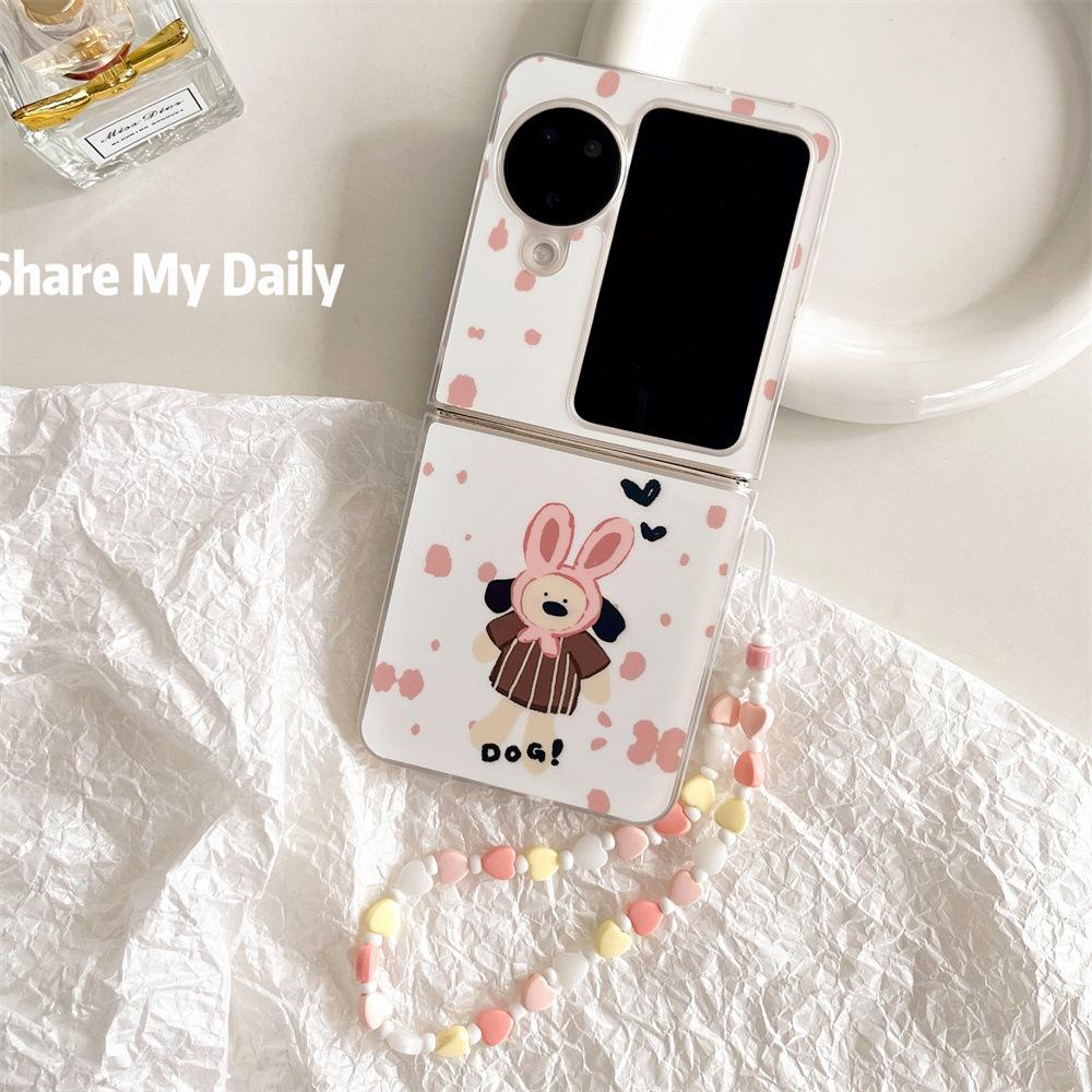 Pink Rabbit Ears Puppy Samsung ZFlip5/34 Mobile Case with Up and Down Folding Screen for OppoN3Flip Bracelet.