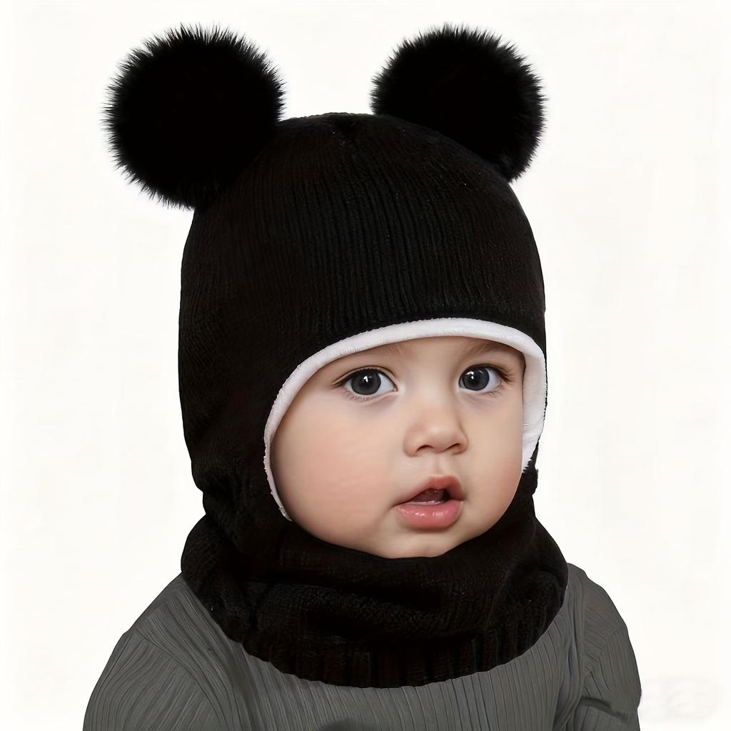 1-4 Years Kids Winter Hat Scarf Set - Sweet Bear Knitted Ear Flap, Warm Soft Integrated Cap, Hand Washable Toddler Accessory