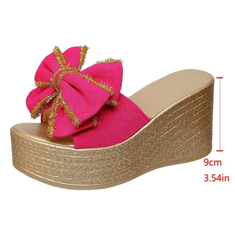 Fashion Bowknot Decor Chunky Platform Slippers Woman Plus Size Fashion Wedge Heel Sandals for Women Summer Thick Bottom Beach Slippers
