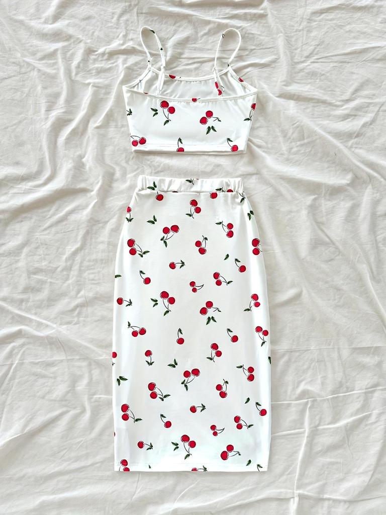 Summer Cherry Print Camisole Maxi Dress