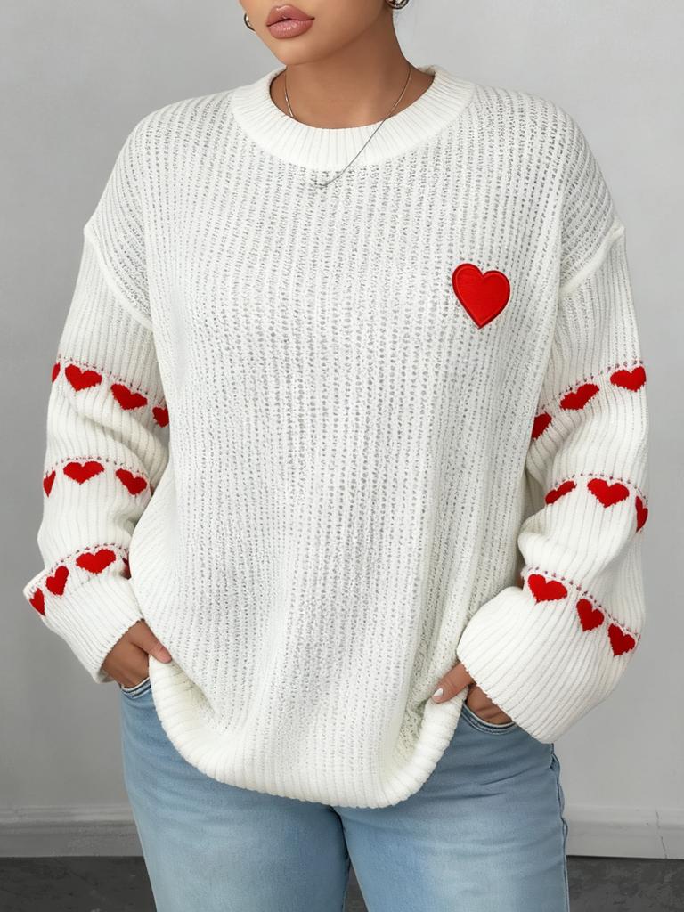 2026 New European and American Large-size Sweater Contrasting Colors Love Embroidery Splicing Cross-border Women's Clothing Casual Pullover Loose