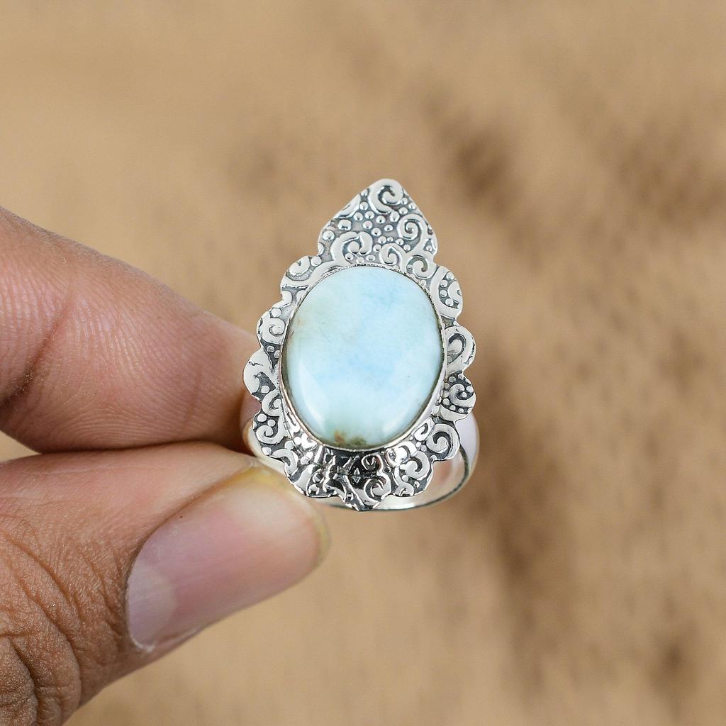 Oval Larimar Gemstone 925 Sterling Silver Throat Chakra Mother Boho Ring Jewelry