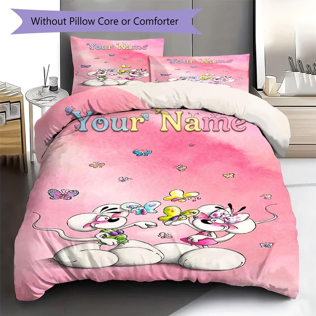 Diddl Custom Name Pattern Bedding,Quilt Set Quilt Cover Pillowcase Home Birthday Gift(1 * Duvet Cover + 2 * Pillowcase, Without Core)
