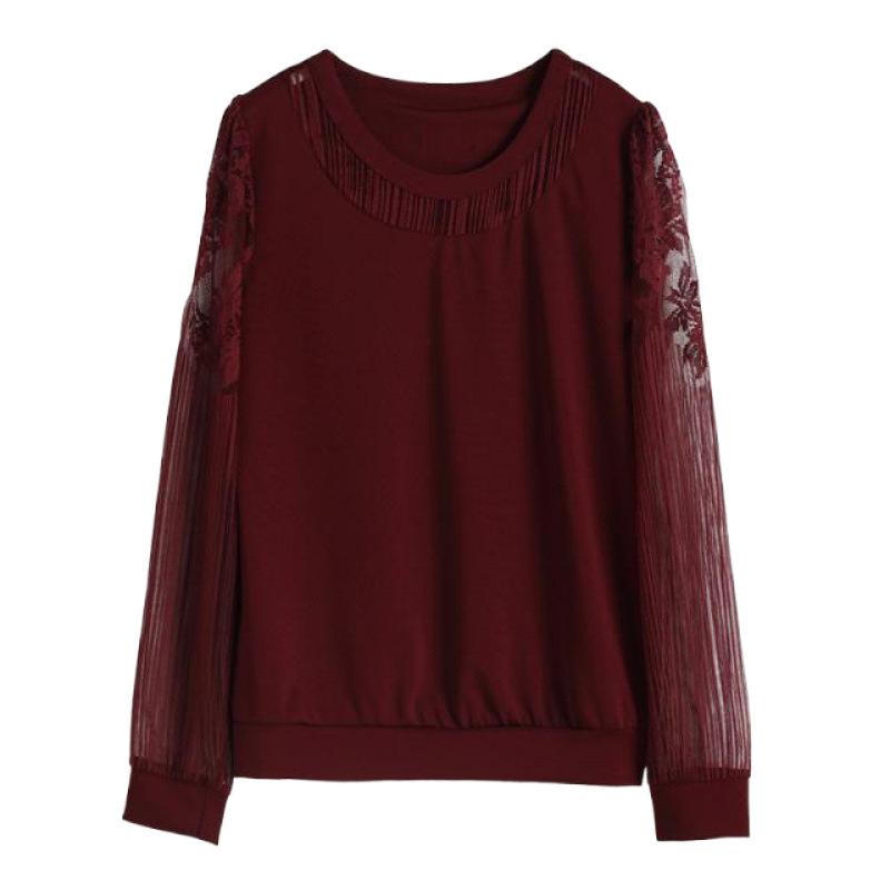 Long Sleeve Shirt Women Spring Loose Middle Age Mom Round Neck Base Layer Lace Blouse