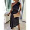 European and American Women Clothes New Solid Dress Fashion Sexy Sloping Shoulder Pleat Hollow Formal Dress
